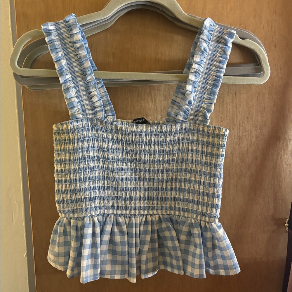 Blue and White Gingham Cropped Tank